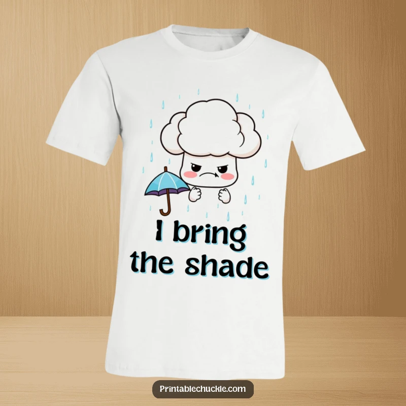 Funny t-shirt design of a grumpy cloud showering everyone with perfectly small umbrellas, conveying a humorous, slightly annoyed, yet charming vibe.