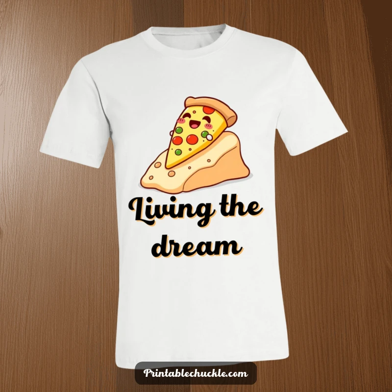 Funny happy pizza slice sliding down a cheese slope, depicted on a t-shirt, a humorous and delicious funny gift.
