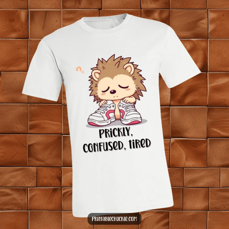 Funny hedgehog t-shirt featuring a sleepy character struggling with oversized sneakers, great for casual comfort.