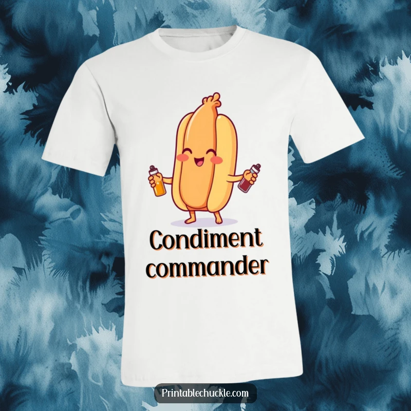 Funny hot dog t-shirt, gleefully juggling small condiment bottles, captures pure joy and silliness for everyday wear.