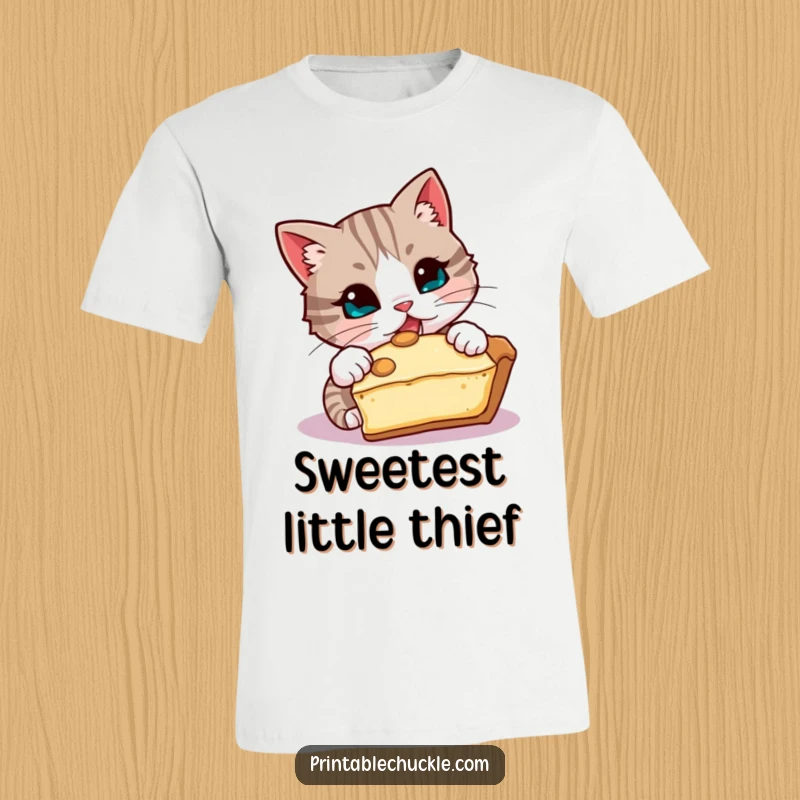 Funny t-shirt depicting a mischievous cat attempting to pilfer a slice of pie, hilarious funny gift.