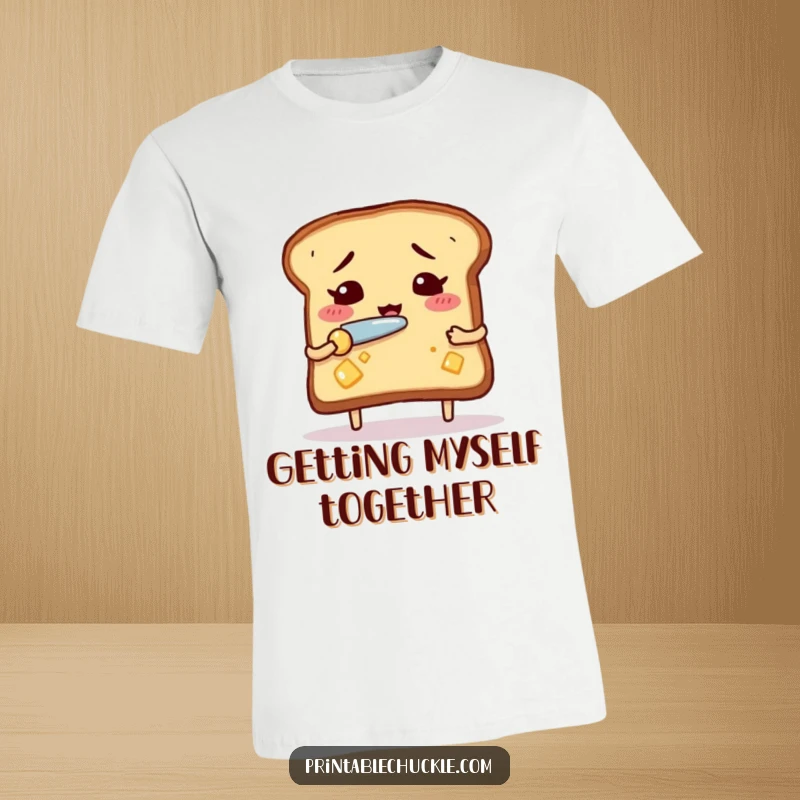 Funny nervous toast t-shirt, with wide eyes, nervously buttering itself with a tiny knife, a humorous graphic tee.
