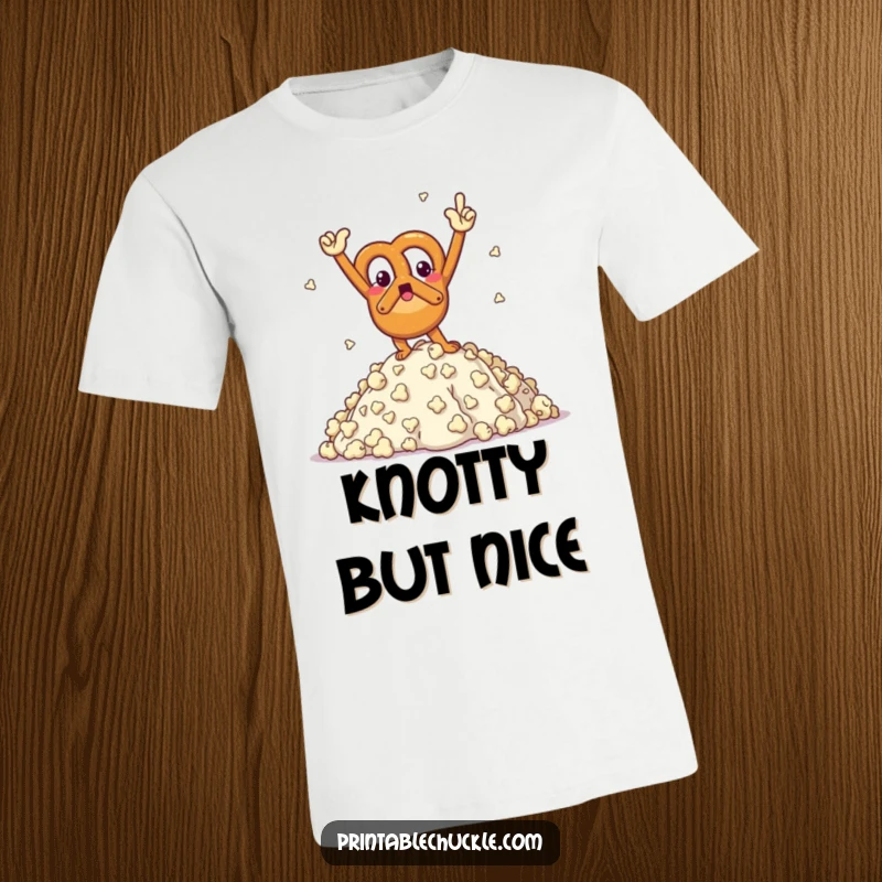 Funny t-shirt showcasing a triumphant pretzel character in a victory pose, having conquered a mountain of popcorn.