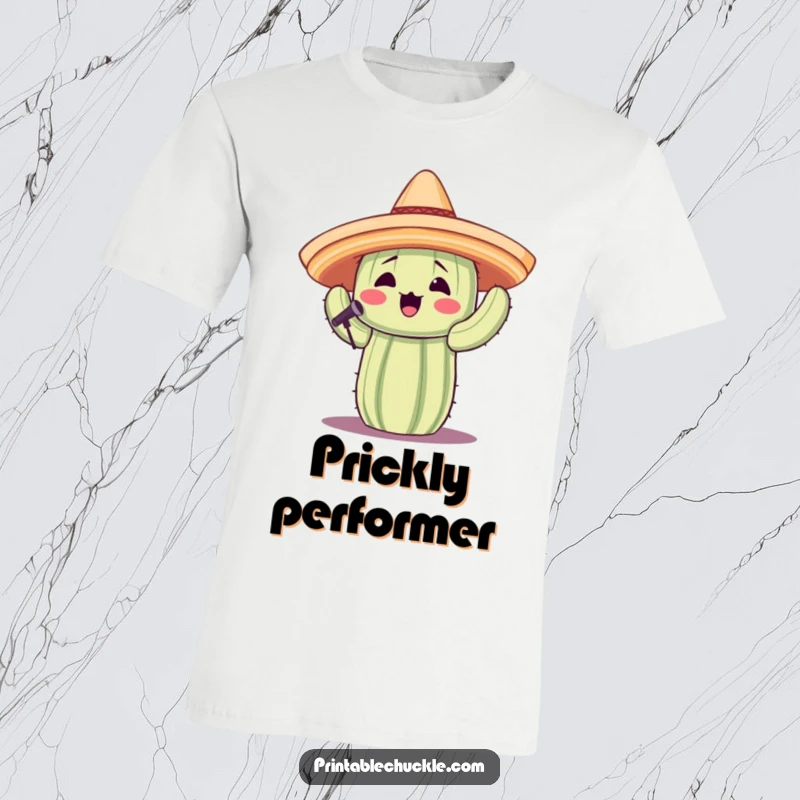 Funny t-shirt depicting a cactus in a tiny sombrero singing joyfully, a whimsical and amusing design.