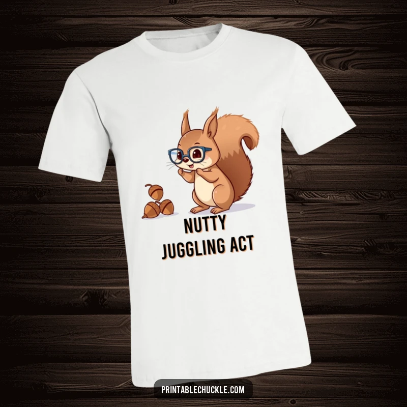 Funny squirrel t-shirt showcasing a mischievous character with glasses juggling acorns with its tail, great casual wear.
