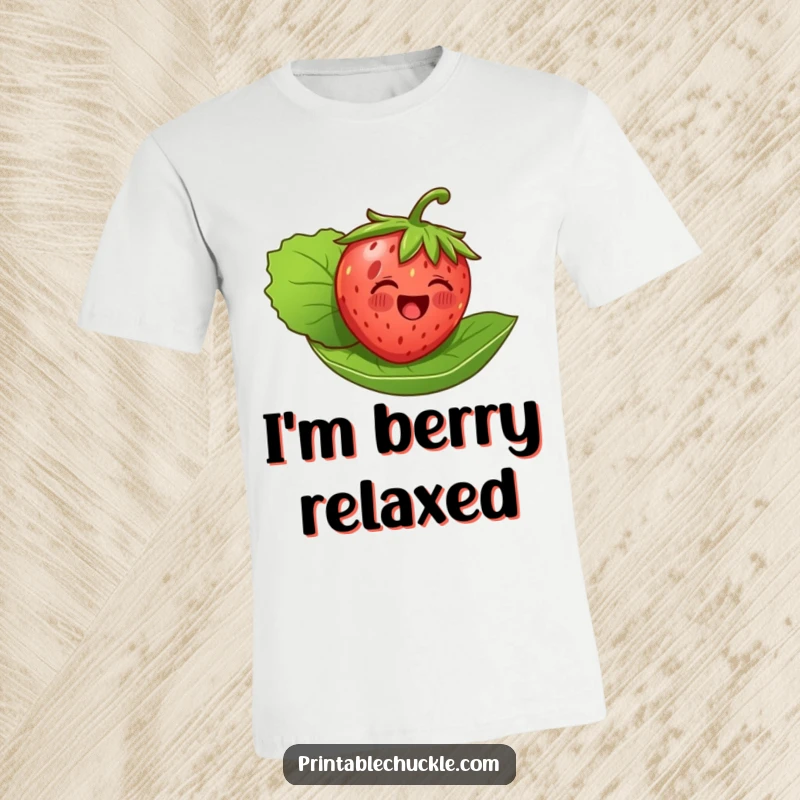 Funny t-shirt showing a very happy strawberry blissfully floating on its leaf, embodying a lighthearted and joyful summer feeling.