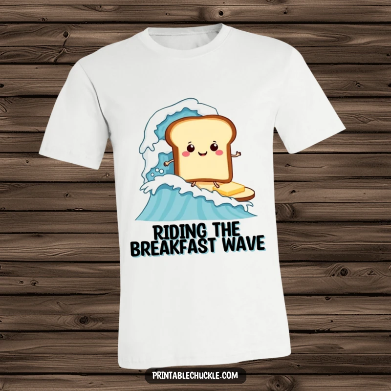 Funny t-shirt depicting a cheerful toast character surfing a huge butter wave, ideal funny gift for breakfast enthusiasts.
