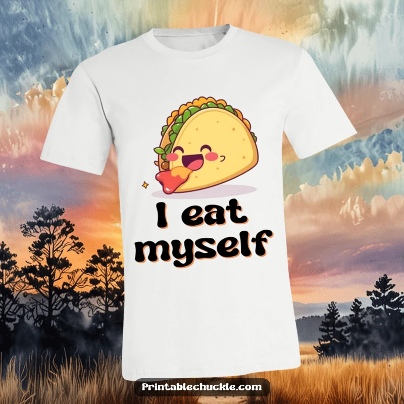 Funny smiling taco happily devouring a giant, floating taco, expressing extreme joy and deliciousness. A mouth-watering and funny t-shirt.