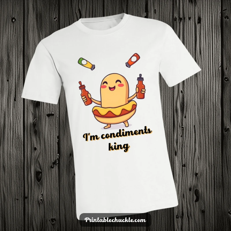 Funny t-shirt depicting a smiling hot dog juggling tiny condiment bottles with impressive skill, a humorous food-themed gift.