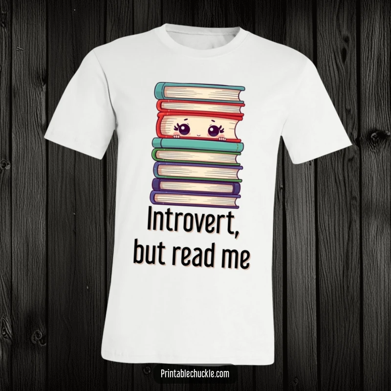 Funny t-shirt with a shy book peeking adorably from behind a towering pile of books, expressing quiet curiosity.