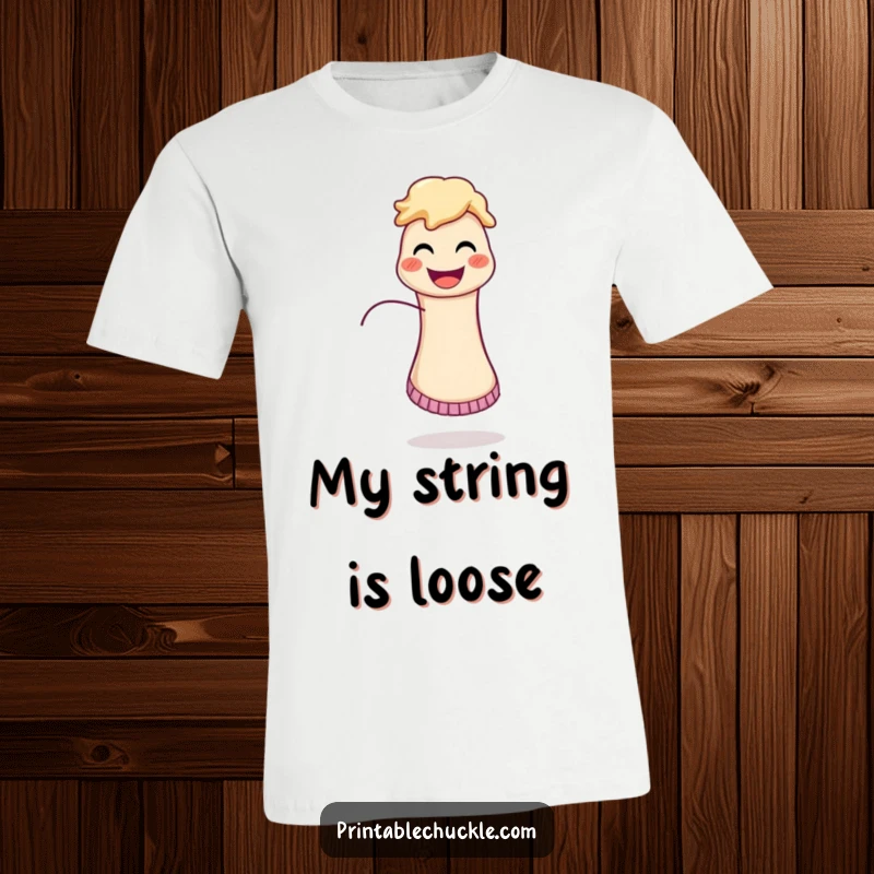 Funny t-shirt depicting a cheerful sock puppet with its string playfully running loose, evoking childhood joy.