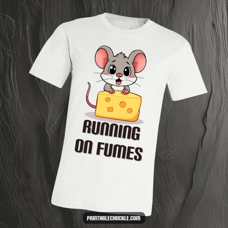 Funny t-shirt depicting a scared piece of cheese attempting a desperate escape from a hungry cartoon mouse.