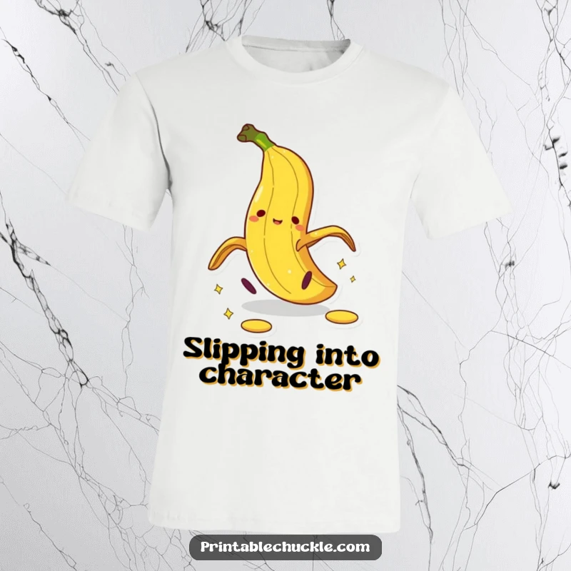 Funny banana peel t-shirt with an anthropomorphic peel in a dramatic pratfall, showcasing a comical slip.