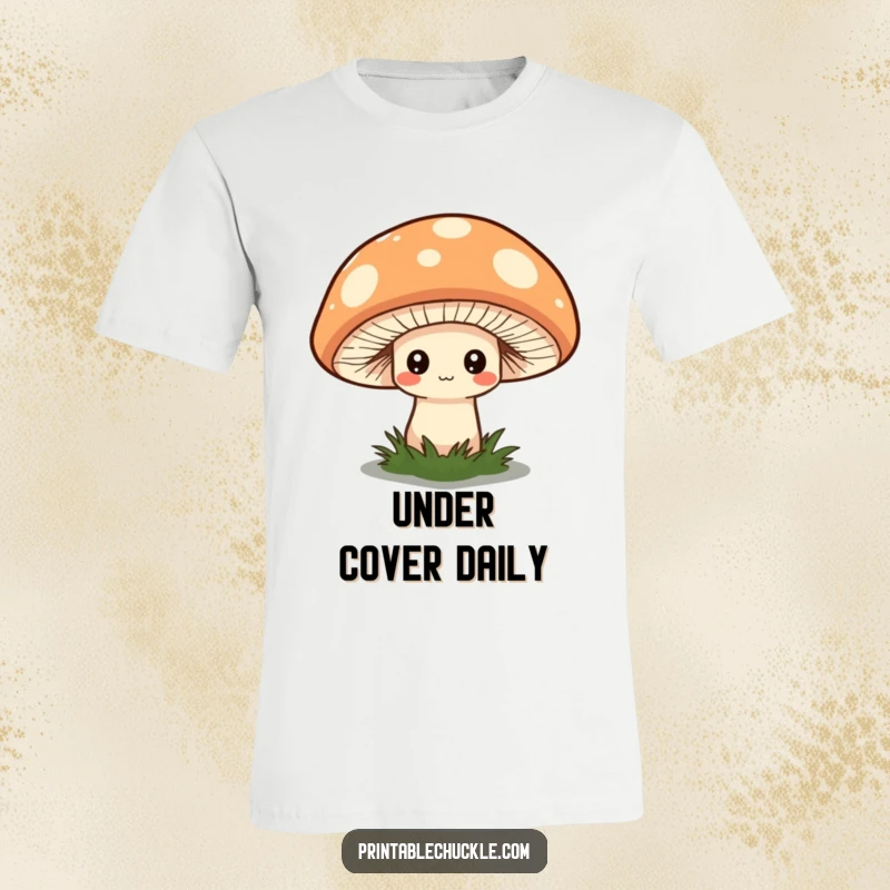 Funny t-shirt with a shy mushroom peeking from an oversized, quirky hat, showcasing gentle introversion.