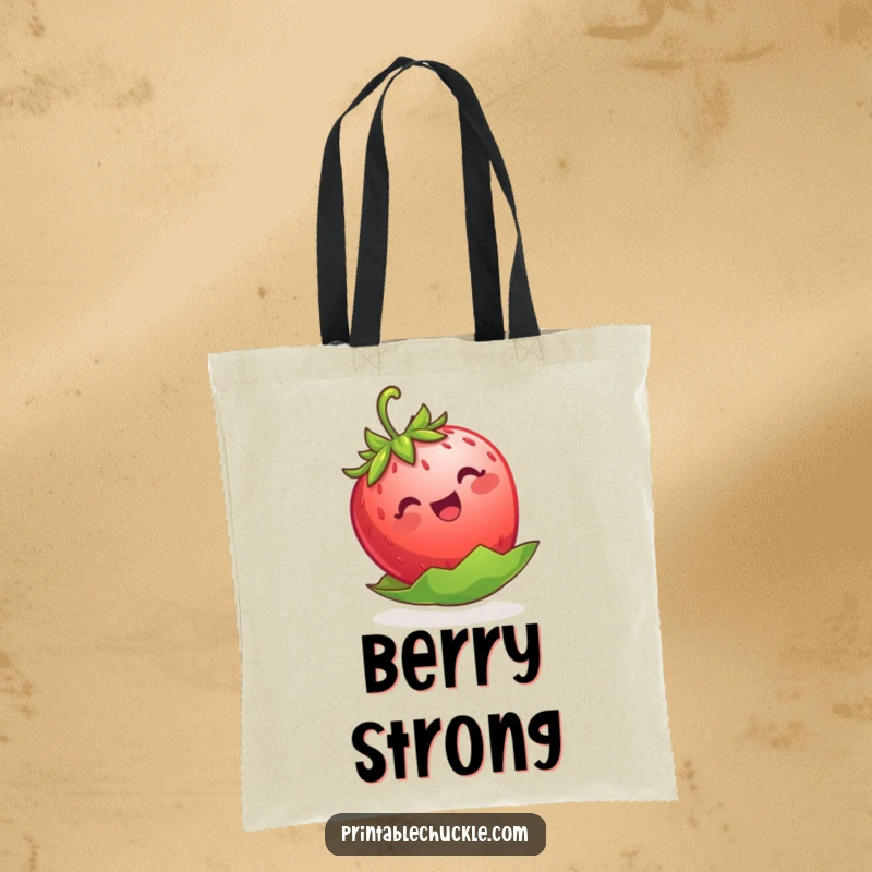 Funny strawberry tote bag, a happy berry trying to float on its leaf, a whimsical and practical accessory.
