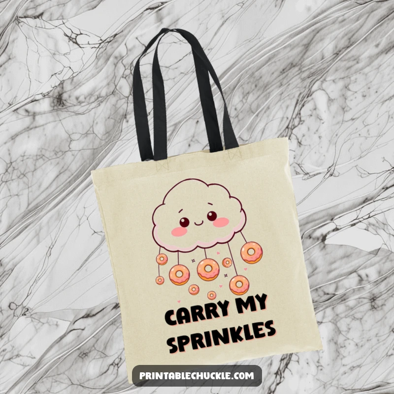 Funny giddy cloud raining floating donuts on a tote bag, perfect for carrying sweet essentials.