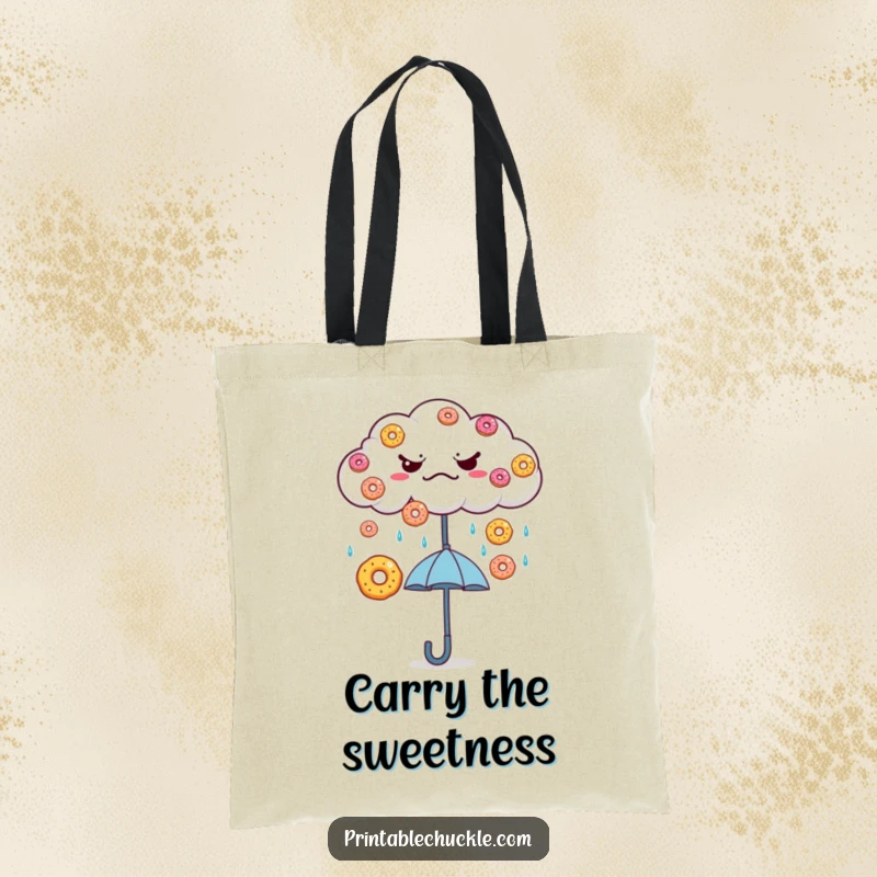 Funny Grumpy Cloud Donut Rain Tote Bag: A grumpy cloud showers donuts onto a happy umbrella, a charming and practical accessory.
