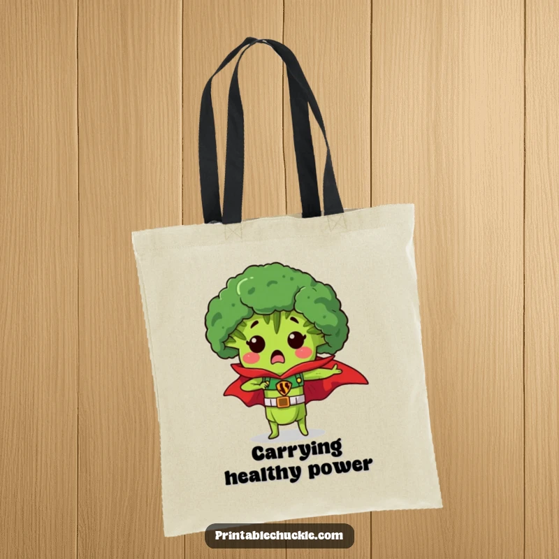 Funny tote bag with a surprised piece of broccoli wearing a superhero cape, a humorous accessory for carrying essentials.