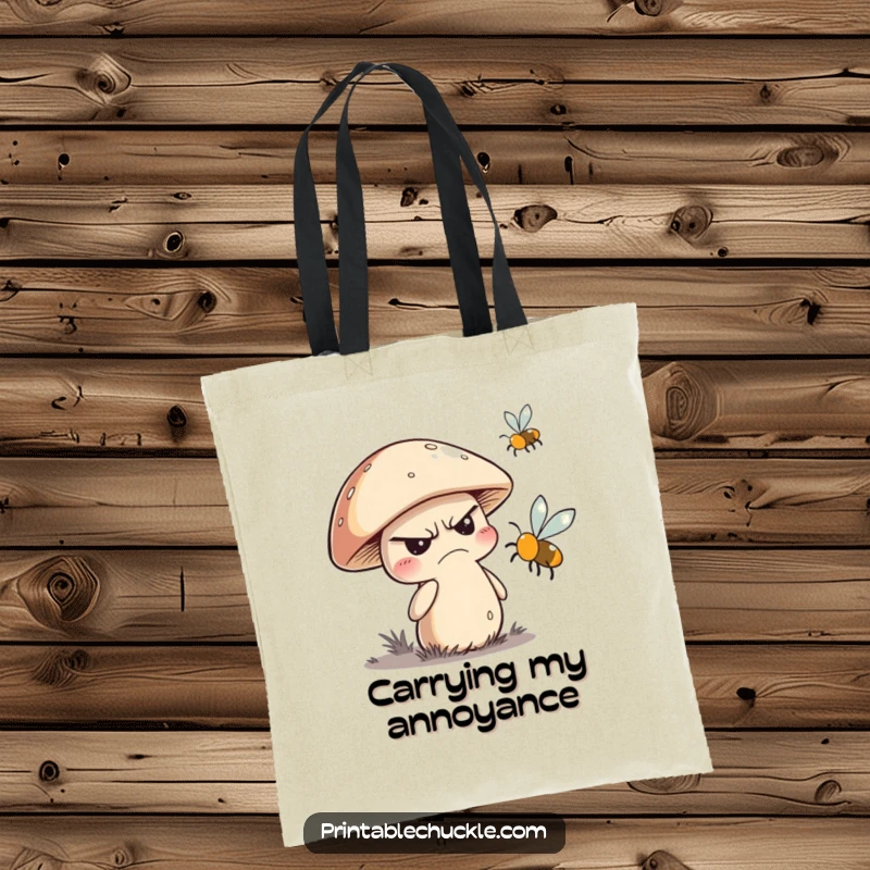 Funny canvas tote bag showing a grumpy mushroom character trying to swat away a buzzing fly, a humorous garden scene.