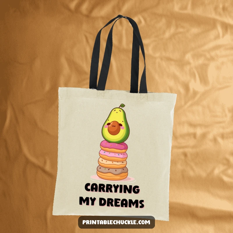 Funny tote bag featuring a determined avocado balancing on a wobbly stack of donuts, perfect for carrying humor and essentials.
