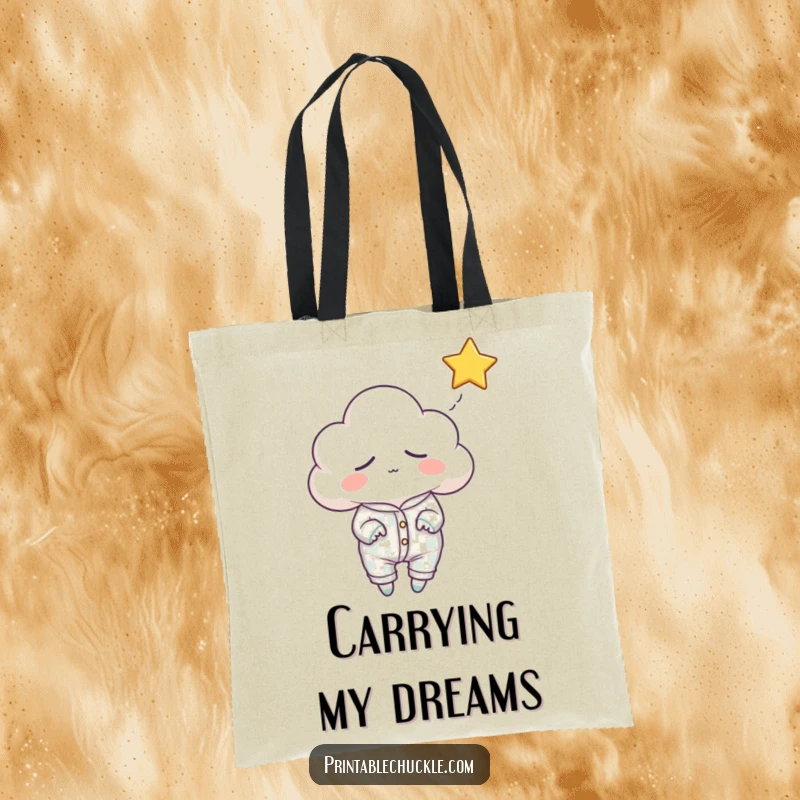 Funny sleepy cloud tote bag, wearing pajamas and attempting to catch a falling star, a charming and funny accessory.