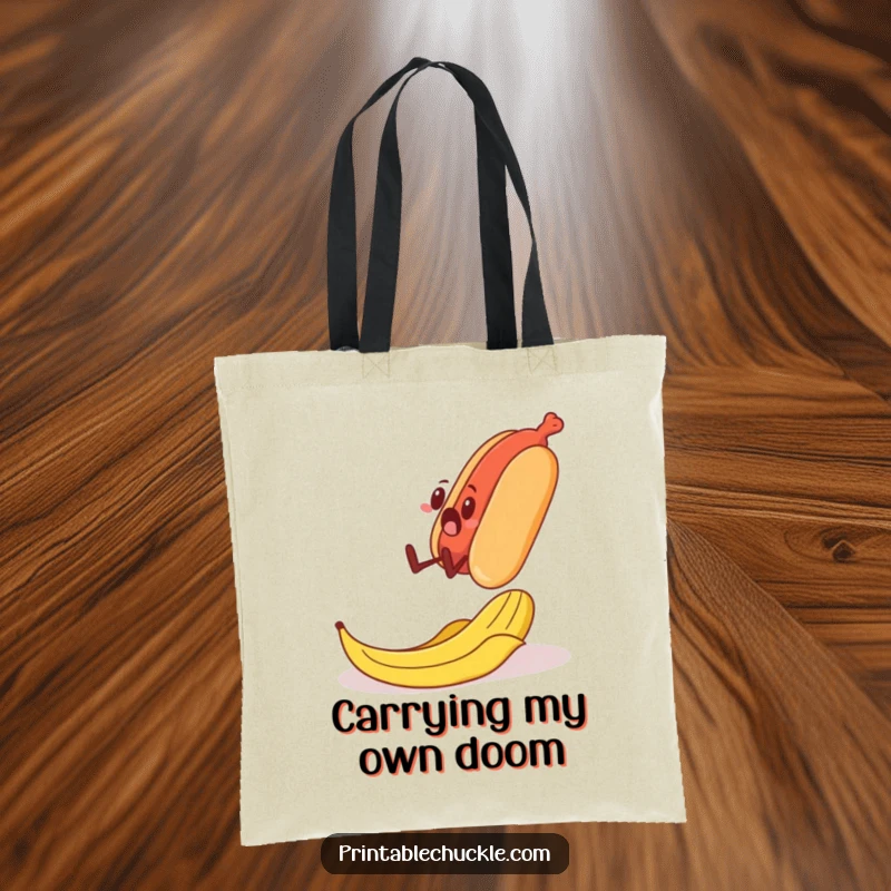 Funny canvas tote bag featuring a surprised banana peel about to trip a walking hot dog, a humorous food scene.