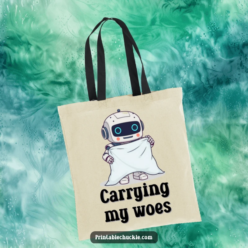 Funny tote bag showcasing a clumsy robot hilariously attempting to fold a fitted sheet, perfect for everyday use.