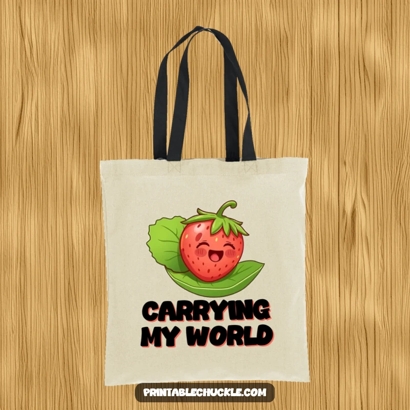 Funny tote bag adorned with a delighted strawberry floating gracefully on its leaf, ideal for a cheerful and practical accessory.
