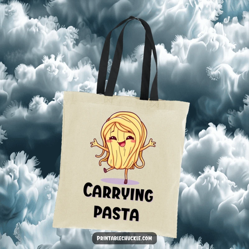 Funny Tote Bag featuring a dancing spaghetti noodle with a mischievous grin, ideal for carrying groceries or everyday items.