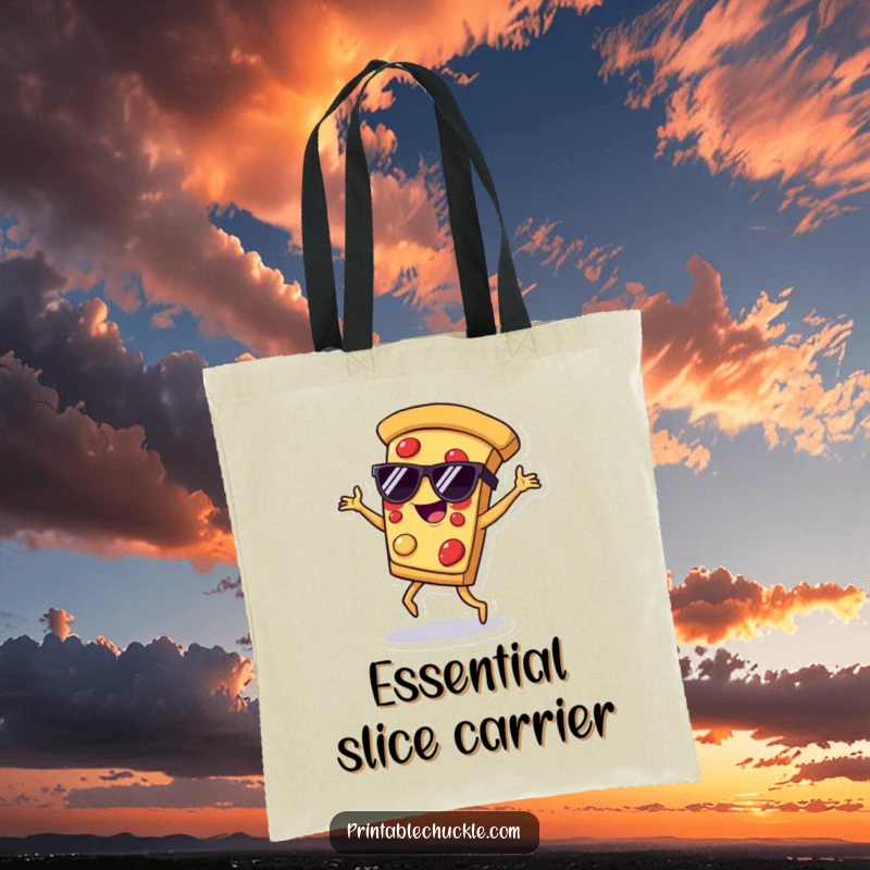 Funny tote bag showing a pizza slice wearing sunglasses, breakdancing, perfect for carrying groceries or party supplies.