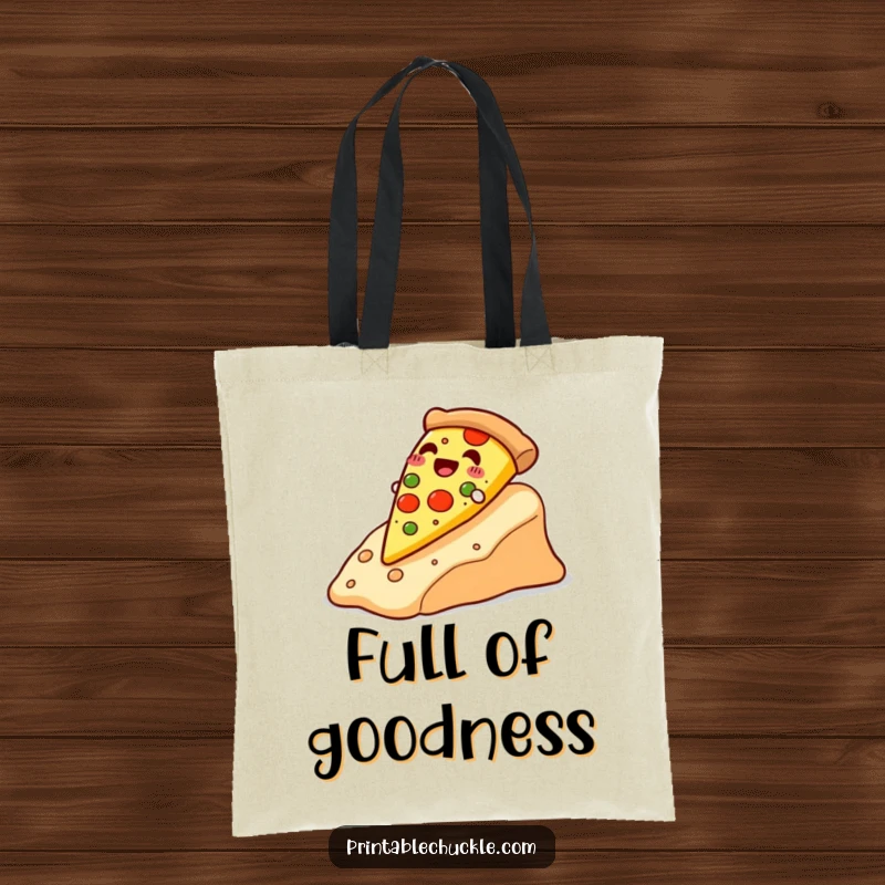 Funny happy pizza slice sliding down a cheese slope, depicted on a practical tote bag, a funny and delicious funny gift.
