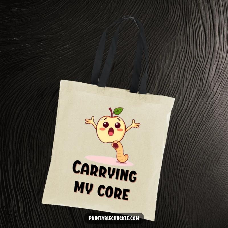 Funny surprised apple dodging a falling worm, a humorous and practical tote bag.
