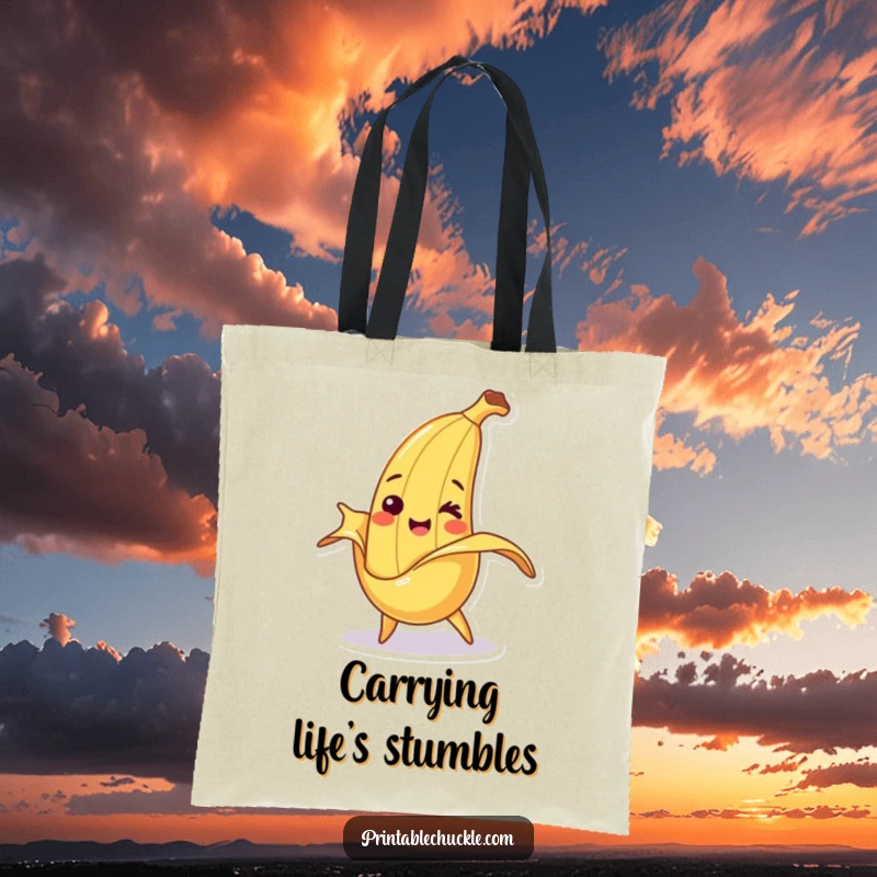 Funny tote bag showcasing a smiling banana character comically tripping over its own peel, perfect for cheerful everyday use.
