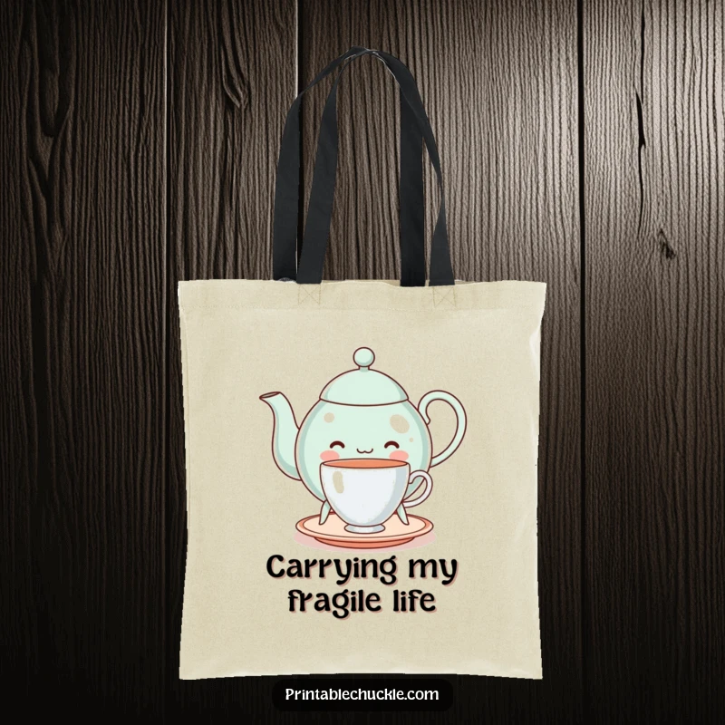 Funny cheerful teapot on legs, struggling to balance a teacup, on a tote bag, showcasing delightful clumsiness, a funny gift.