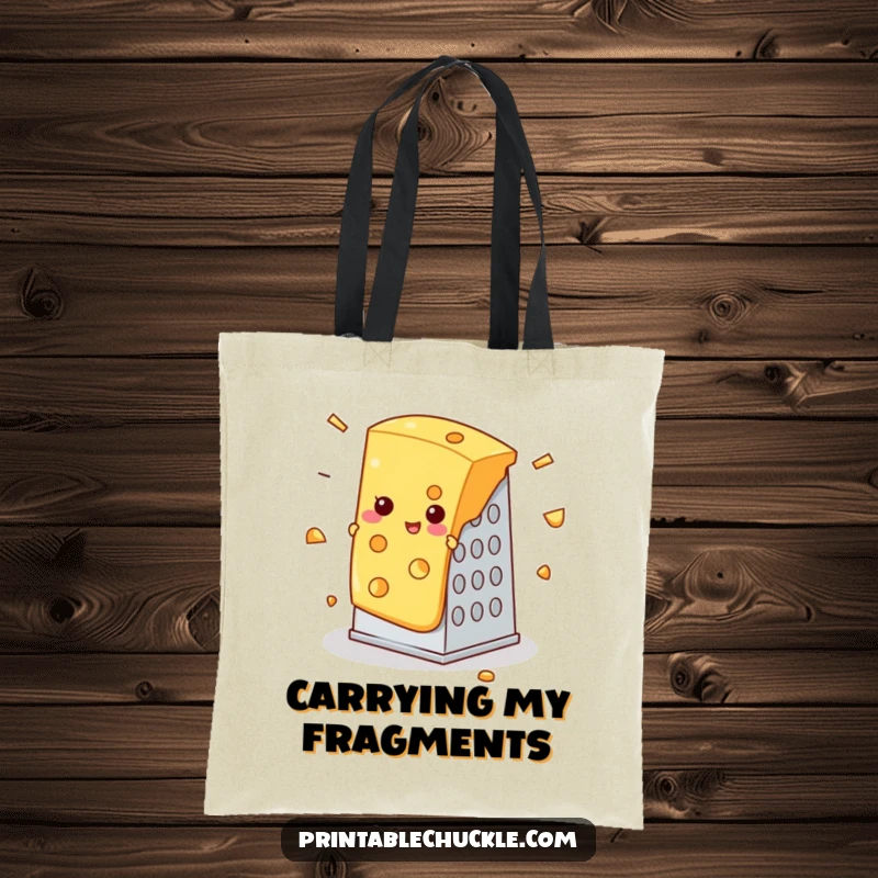 Funny tote bag showing a slice of cheese caught in a cheese grater mishap, perfect funny gift.