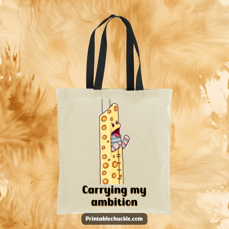 Funny sock puppet tote bag featuring a determined character climbing a skyscraper of cheese.