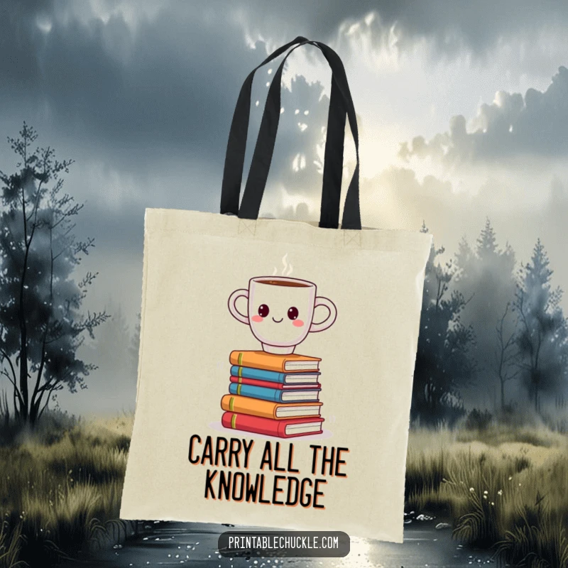 Funny tote bag showcasing a smiling coffee cup precariously balancing on a wobbly stack of books, a humorous and practical accessory.