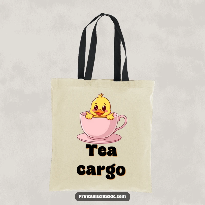 Funny tote bag featuring a bewildered rubber duck character stuck inside a giant teacup, perfect for carrying essentials with adorable humor.
