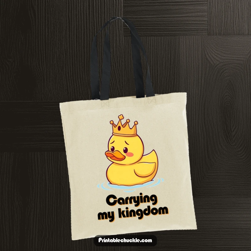 Funny tote bag illustrating a confused duck wearing a miniature crown, floating randomly, a stylish and humorous accessory.