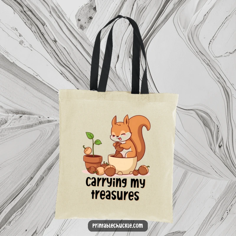 Funny tote bag showcasing a frantic squirrel hilariously burying acorns in a potted plant, perfect for everyday use.