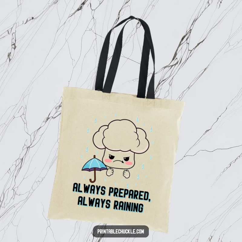 Funny tote bag showcasing a grumpy cloud raining a cascade of tiny, practical umbrellas, ideal for carrying items with a humorous flair.