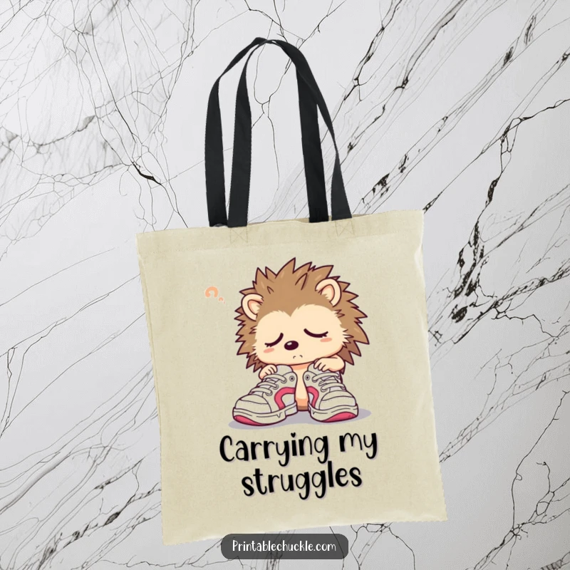 Funny hedgehog tote bag showing a sleepy character struggling with oversized sneakers, ideal for shopping.