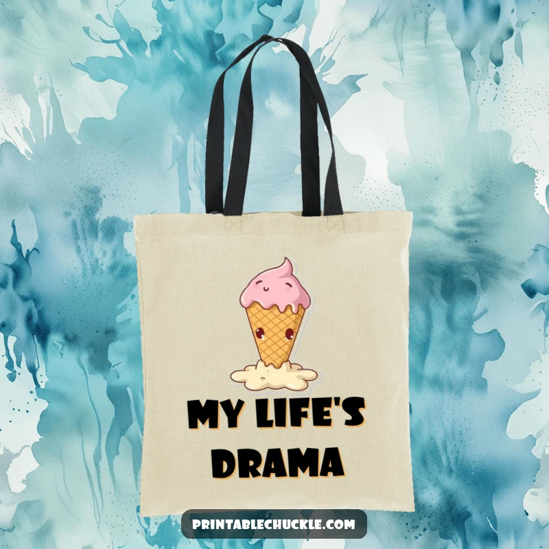 Funny tote bag showcasing a melting ice cream cone in a dramatic, hilarious fall, perfect for carrying essentials.