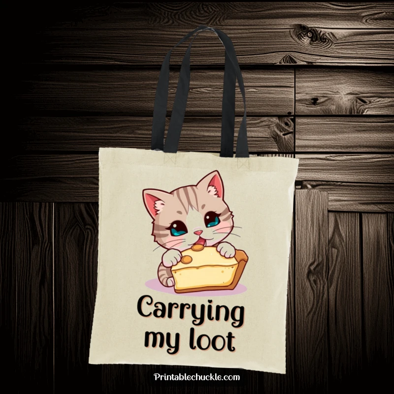 Funny tote bag showing a mischievous cat attempting to steal a slice of pie, perfect funny gift.