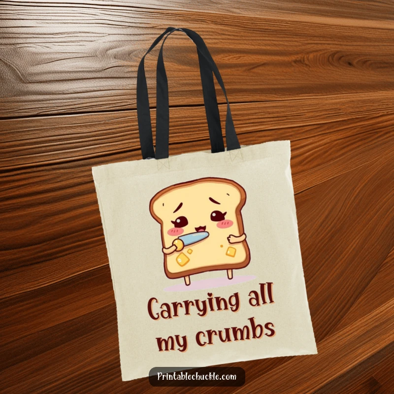 Funny nervous toast tote bag, nervously buttering itself with a tiny knife, a humorous and practical accessory.
