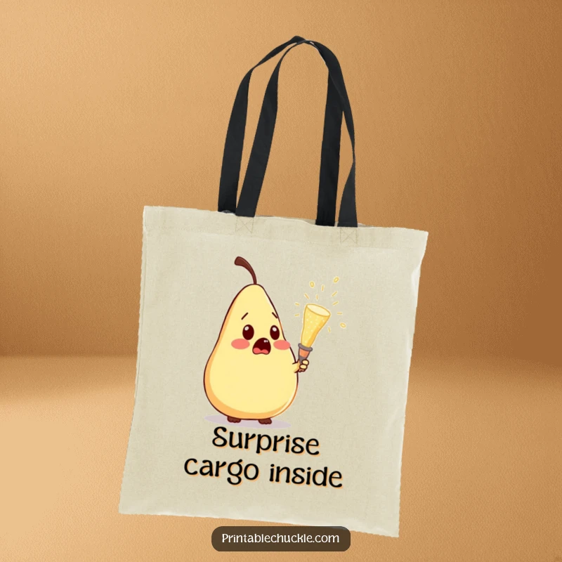 Funny tote bag depicting a surprised pear reacting to a popping champagne cork, a humorous and eye-catching design.