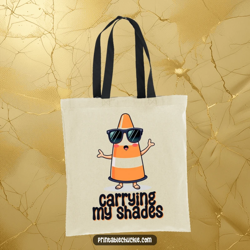 Funny tote bag featuring a bewildered traffic cone in sunglasses attempting to salsa, perfect for carrying daily essentials.
