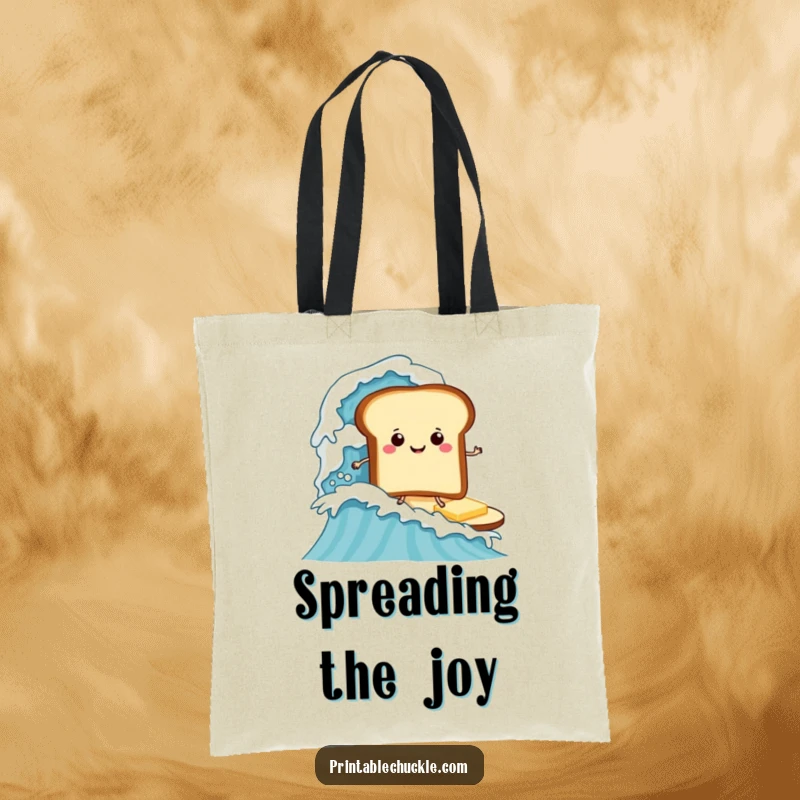 Funny tote bag featuring a happy toast surfing a massive butter wave, perfect funny gift for shoppers.