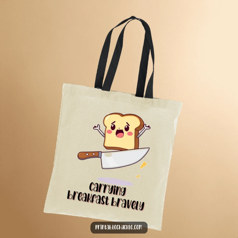 Funny tote bag illustrating a determined piece of toast jumping over a large butter knife, a humorous and practical carry-all.