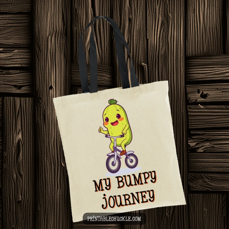 Funny tote bag with a determined pickle wobbling on a unicycle, perfect for carrying items with a comical flair.